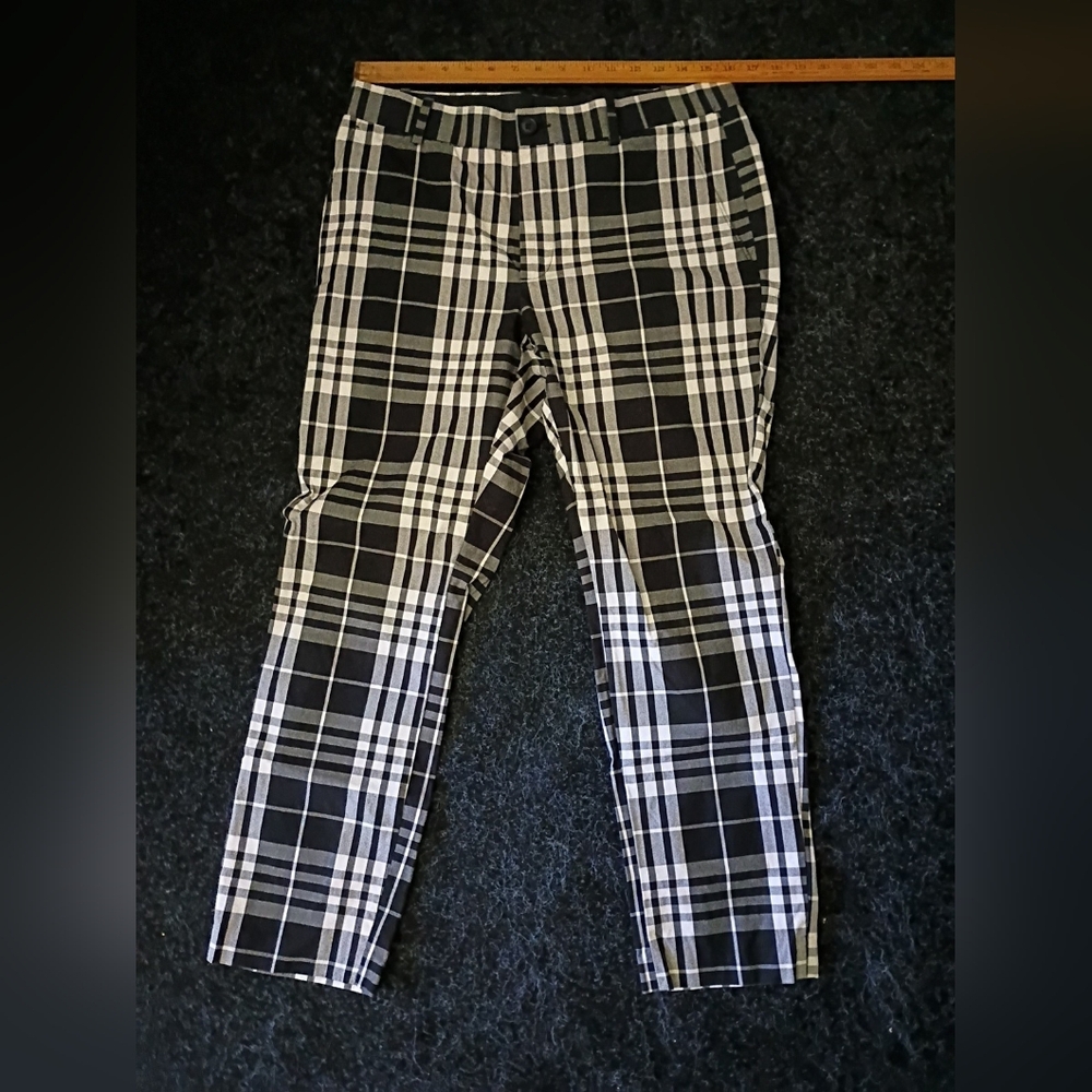 H&M Pants 33R 12 Black White Plaid Cotton Stretch Ankle Straight Leg